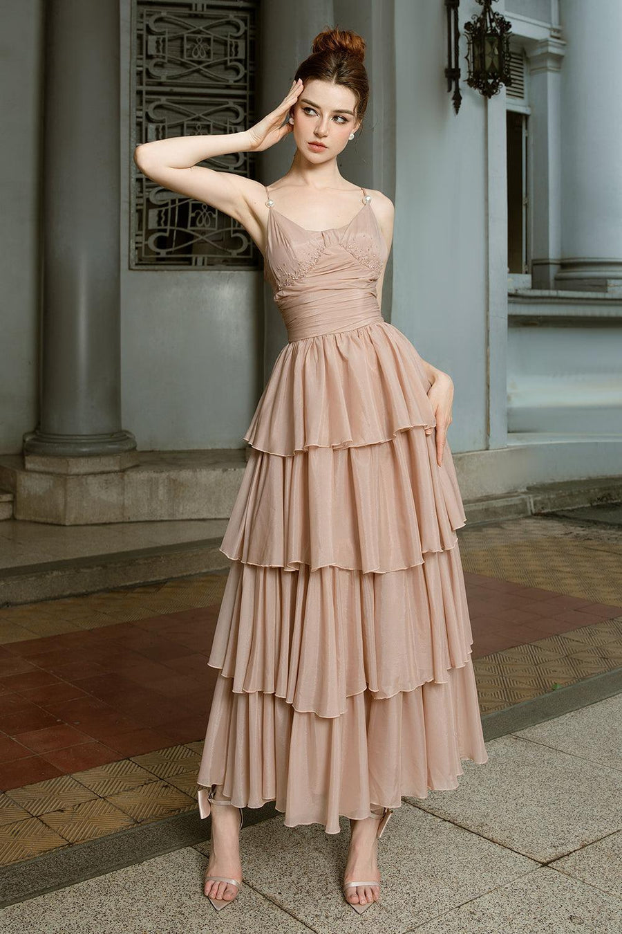 Galena Layered Spaghetti Strap Silk Ankle Length Dress Maxi Dress Calista de Minh Thanh