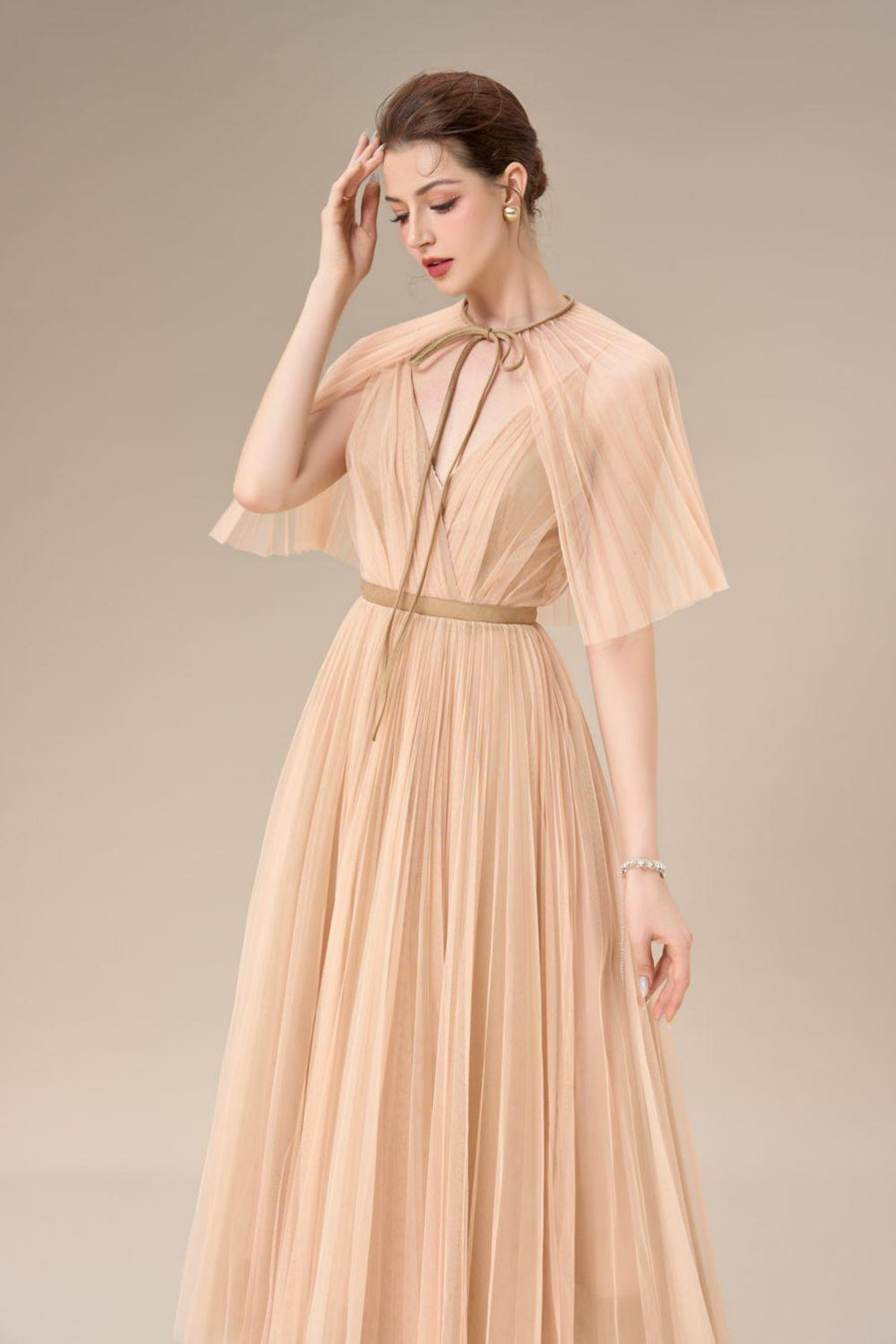 Gallin Pleated V-Neck Tulle Ankle Length Dress Maxi Dress Calista de Minh Thanh