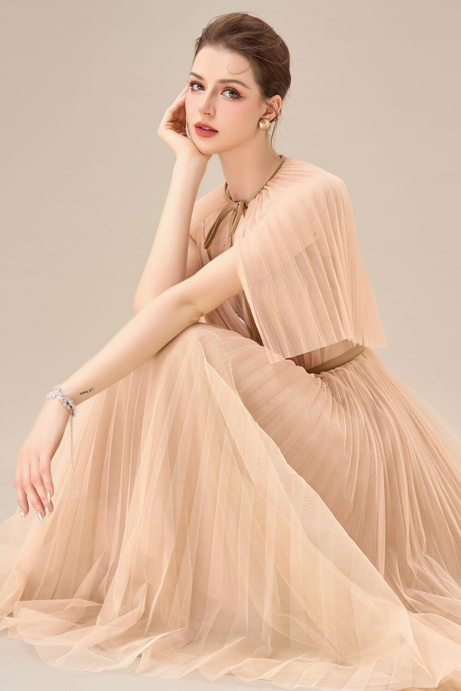 Gallin Pleated V-Neck Tulle Ankle Length Dress Maxi Dress Calista de Minh Thanh