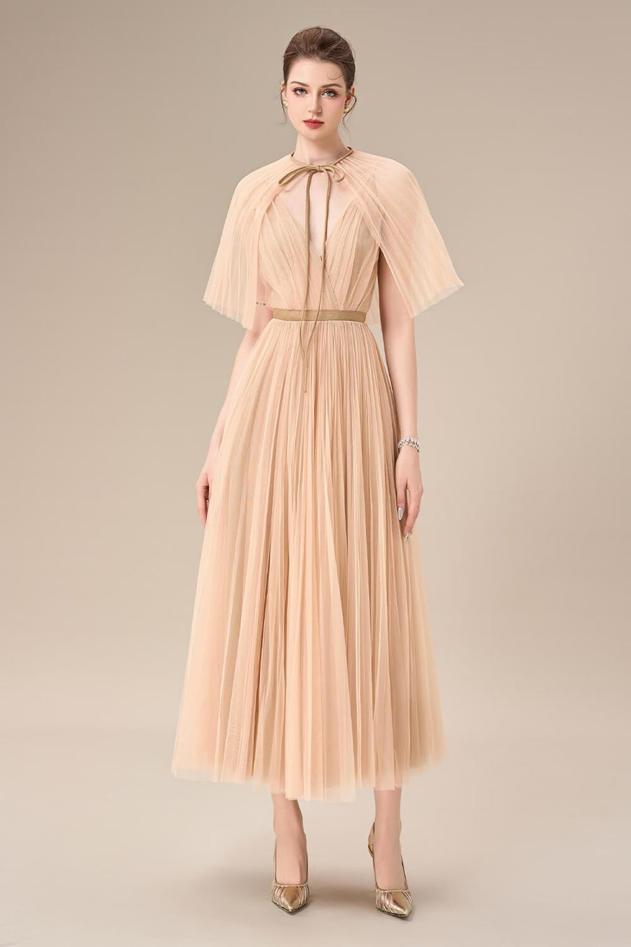 Gallin Pleated V-Neck Tulle Ankle Length Dress Maxi Dress Calista de Minh Thanh