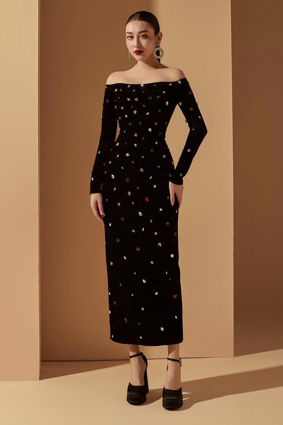 Genesis Sheath Off-Shoulder Velvet Midi Dress Midi Dress 21Six