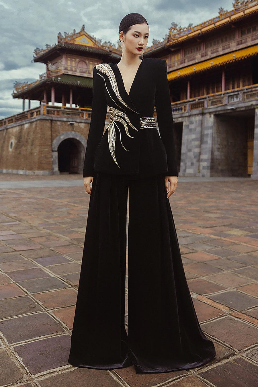 Gentian Fit and Flare Lapelless Velvet Floor Length Set Set CHANCOS