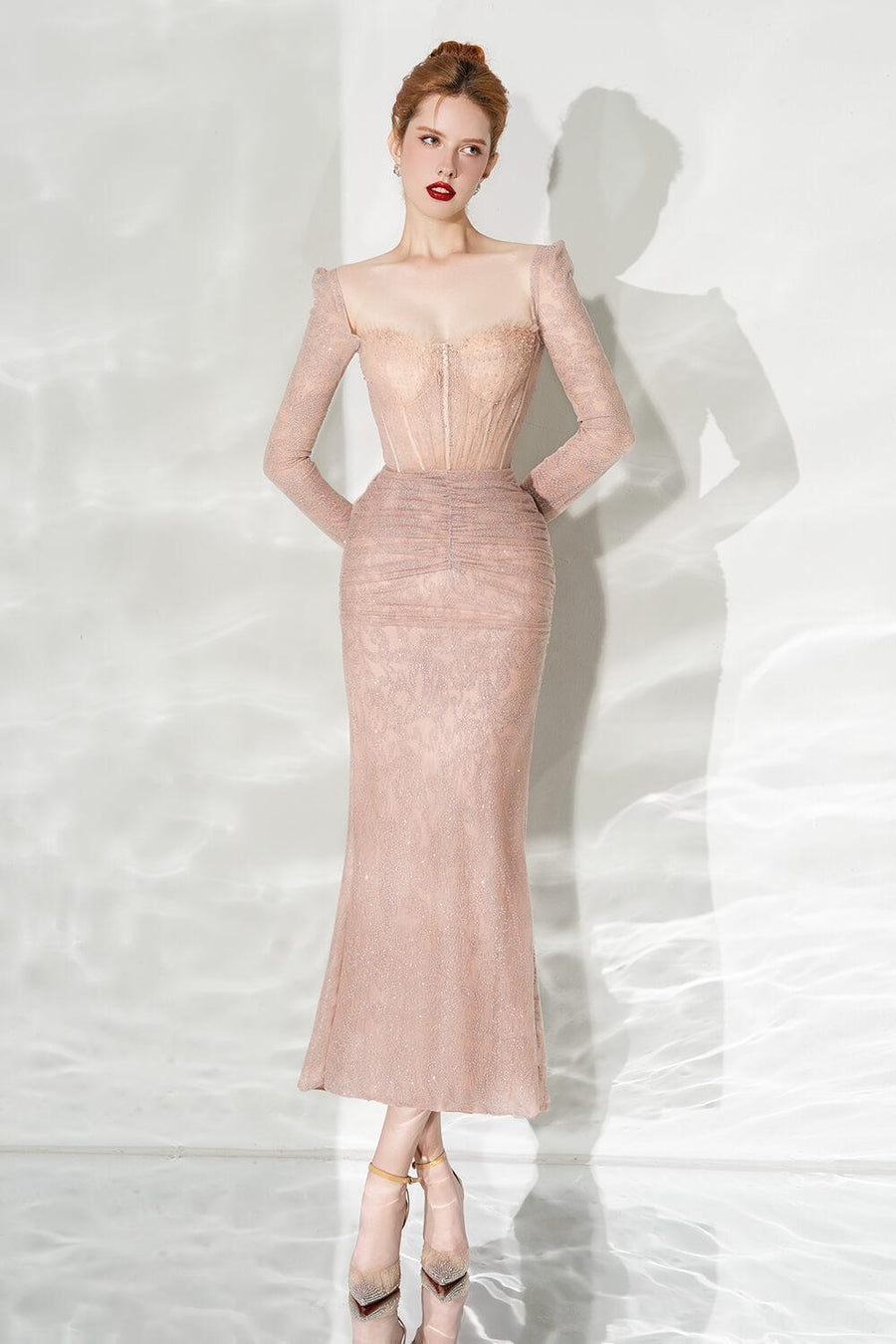 Glamour Trumpet Semi-Heart Neck Tulle Midi Dress Midi Dress Calista de Minh Thanh