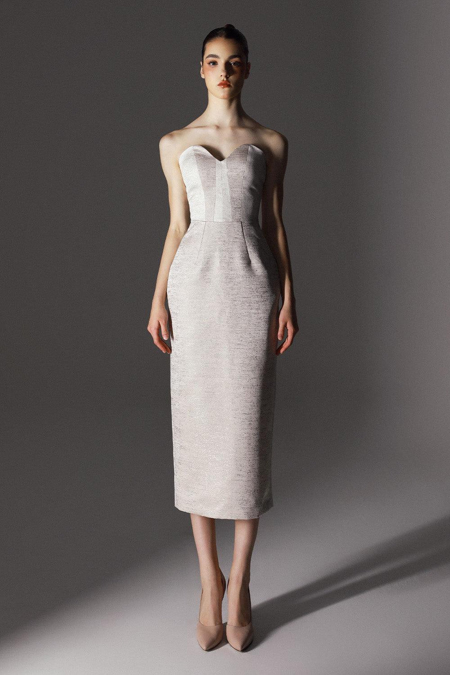 Gleam Strapless Sweetheart Neck Brocade Midi Dress 1