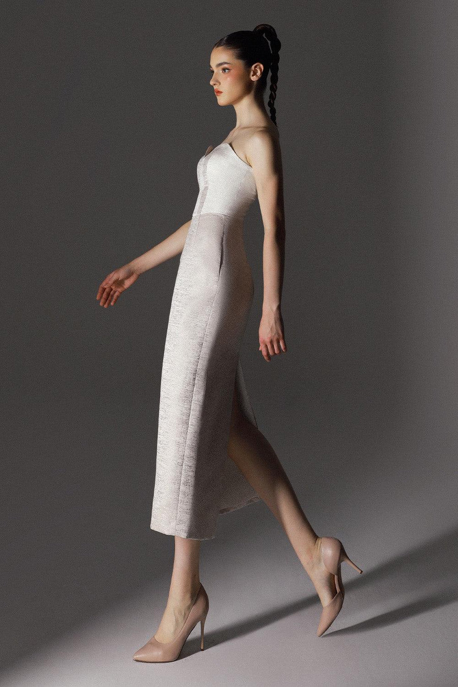 Gleam Strapless Sweetheart Neck Brocade Midi Dress 4