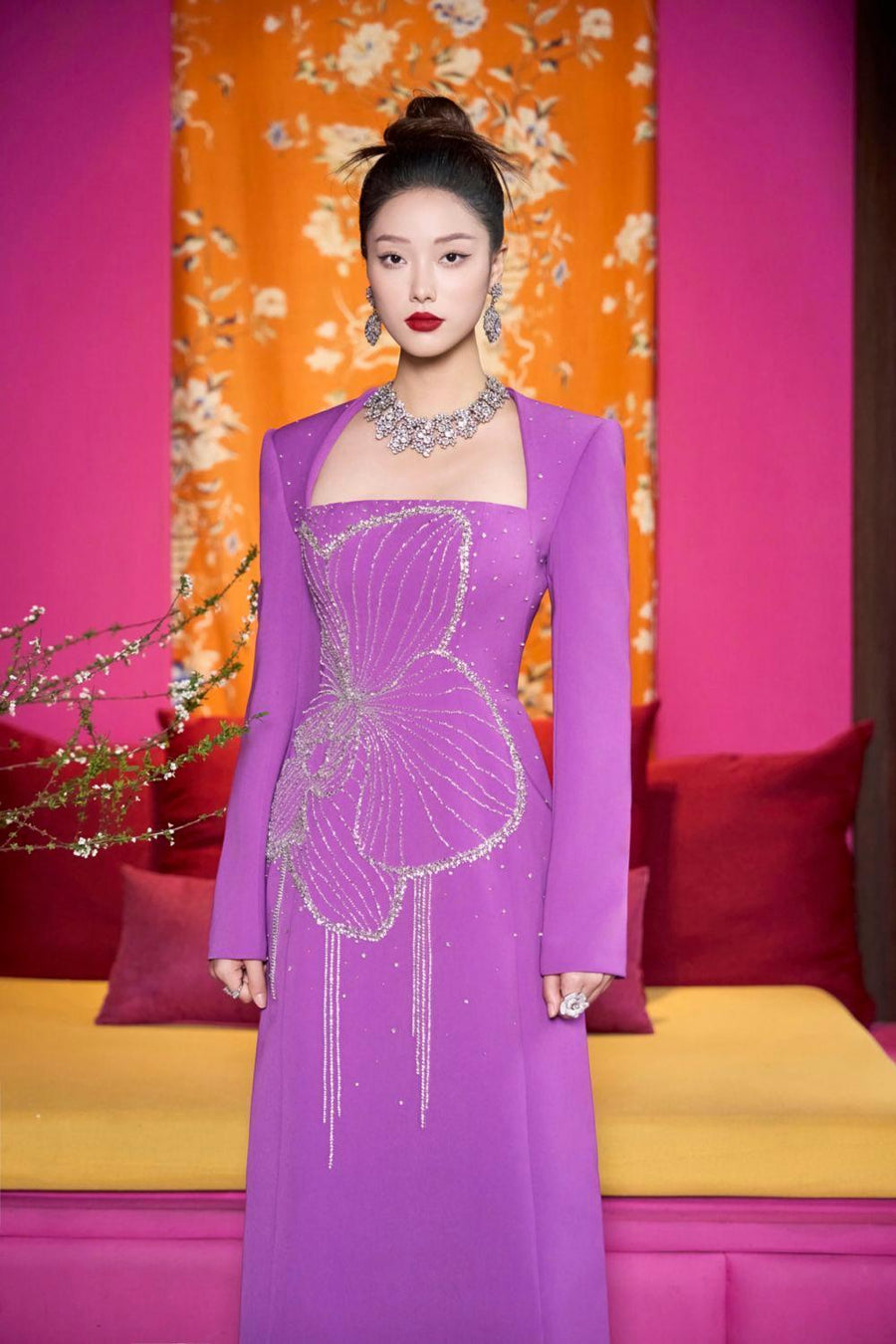 Gleams A-line Long Sleeved Velvet Satin Maxi Dress 2