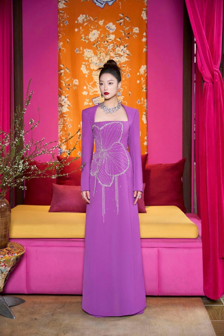 Gleams A-line Long Sleeved Velvet Satin Maxi Dress 4
