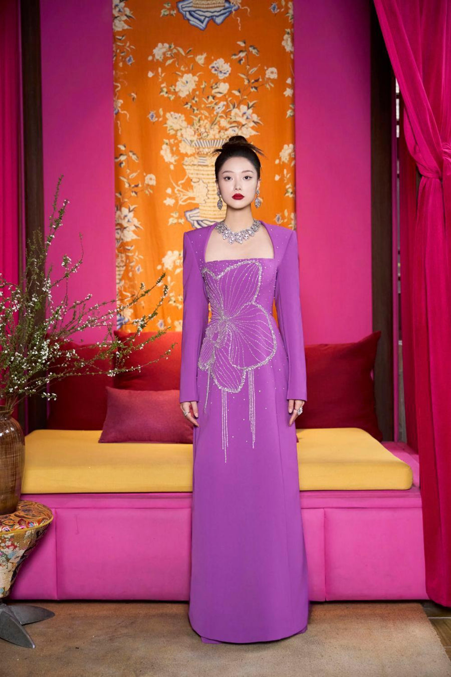 Gleams A-line Long Sleeved Velvet Satin Maxi Dress 5