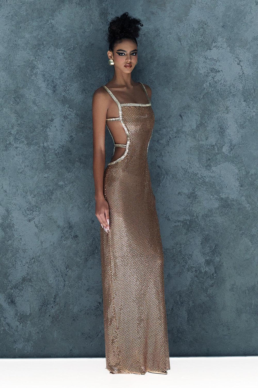 Gloam Sheath Square Neck Mesh Floor Length Dress Gold Gown Dress CEM