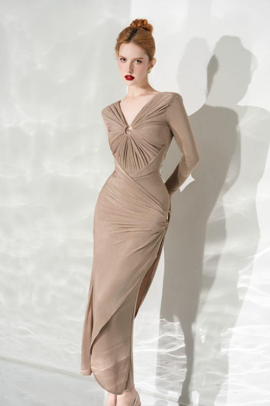 Glory Bodycon Gathered Spandex Ankle Length Dress Brown Maxi Dress Calista de Minh Thanh