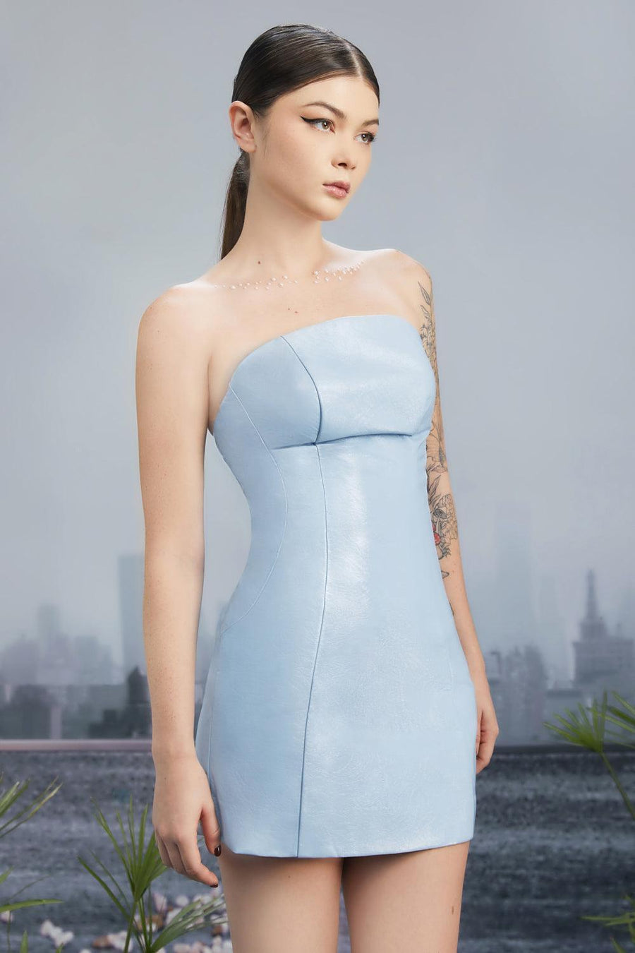 Glossies Bodycon Straight Across Neck Pu Leather Mini Dress 2