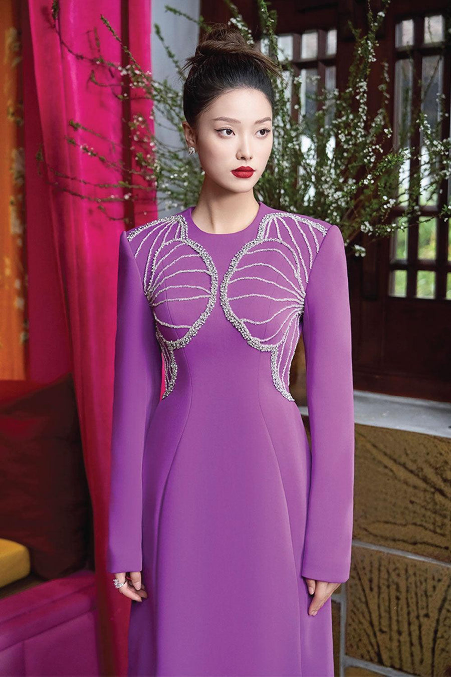 Glowing A-line Stone Velvet Satin Maxi Dress 2