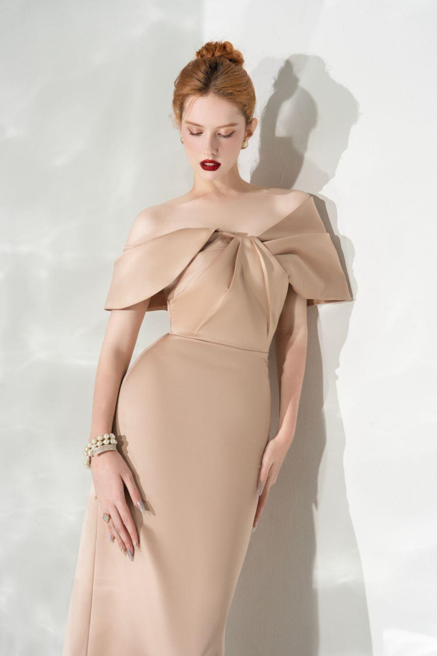 Grace Sheath Off-Shoulder Taffeta Midi Dress Nude Midi Dress Calista de Minh Thanh