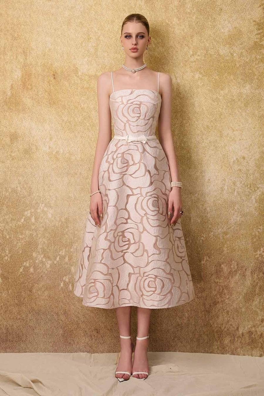 Grandeur A-line Spaghetti Strap Lace Calf Length Dress Midi Dress Calista de Minh Thanh