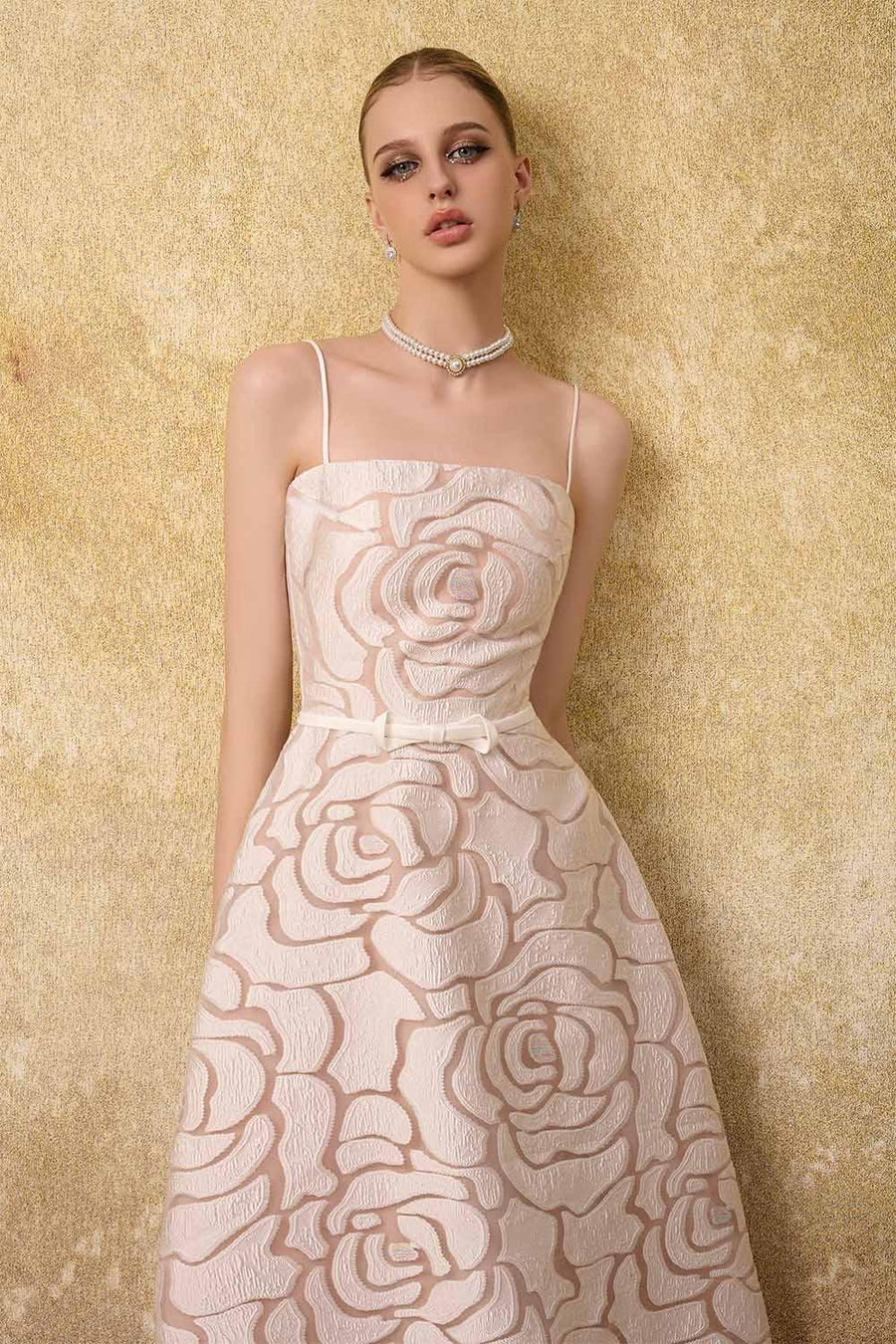 Grandeur A-line Spaghetti Strap Lace Calf Length Dress Midi Dress Calista de Minh Thanh