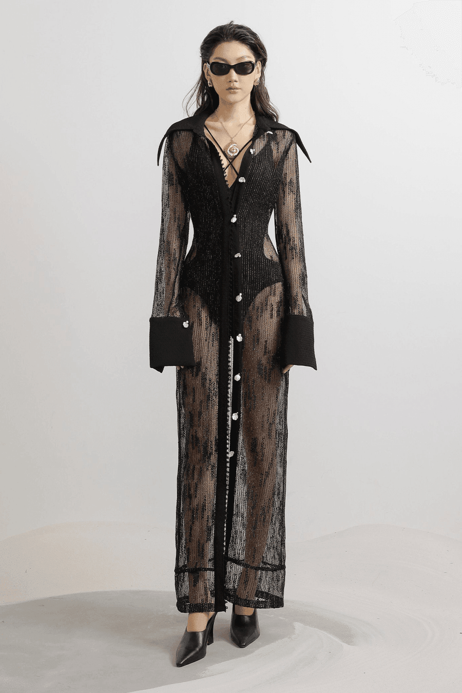 Guerra Shirt See-Through Mesh Maxi Coat Coat LASSY