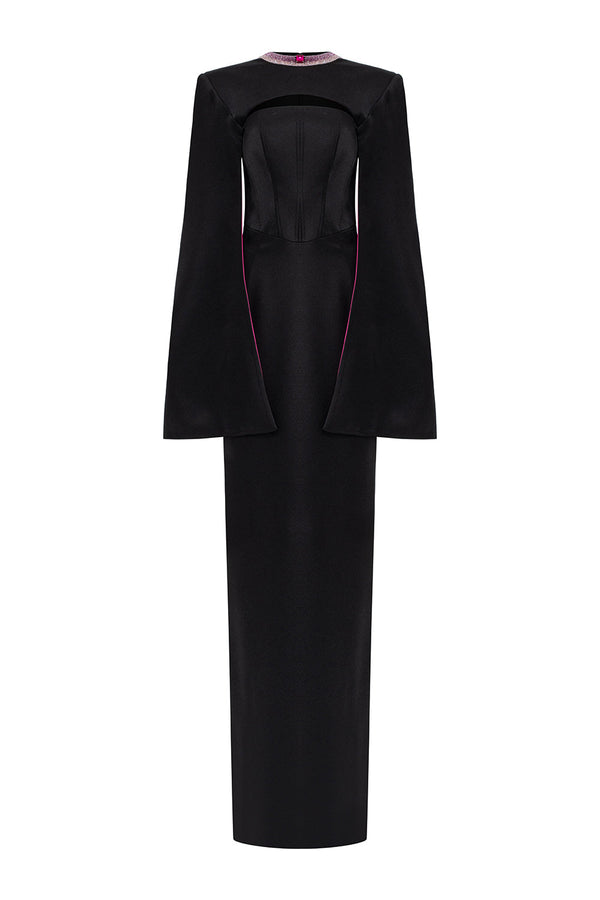 Bristol Sheath Square Shoulder Silk Floor Length Dress Fuchsia Black Gown Dress I.H.F Atelier