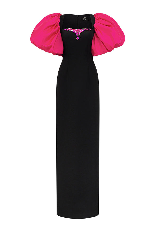 Rosemary Sheath Bubble Sleeved Crepe Floor Length Dress Fuchsia Black Gown Dress I.H.F Atelier