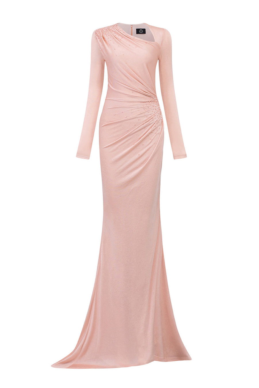 Alaina Mermaid Diagonal Neck Jersey Extra Long Length Dress Peach Gown Dress I.H.F Atelier