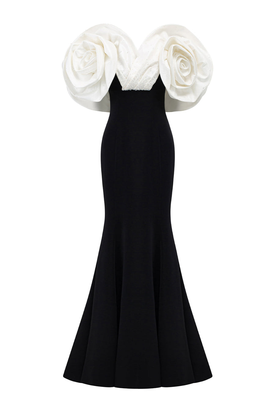 Isla Mermaid Floral Crepe Floor Length Dress Black and White Gown Dress I.H.F Atelier