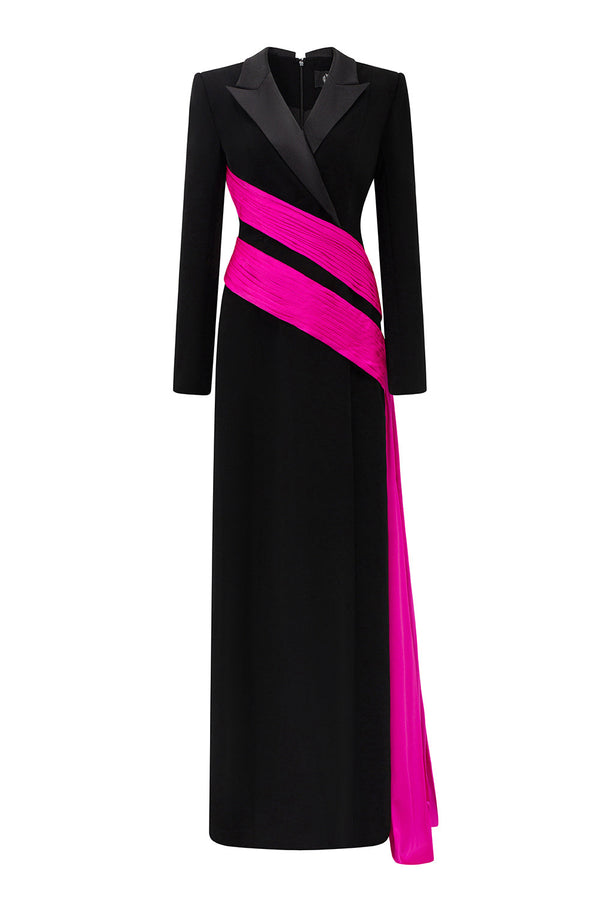 Aubrey Wrap Ribbon Silk Crepe Floor Length Dress Fuchsia Black Gown Dress I.H.F Atelier