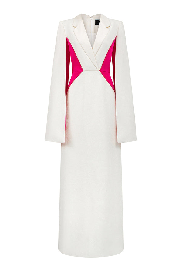Abigail A-line Cape Sleeved Brocade Silk Floor Length Dress White&Pink Gown Dress I.H.F Atelier