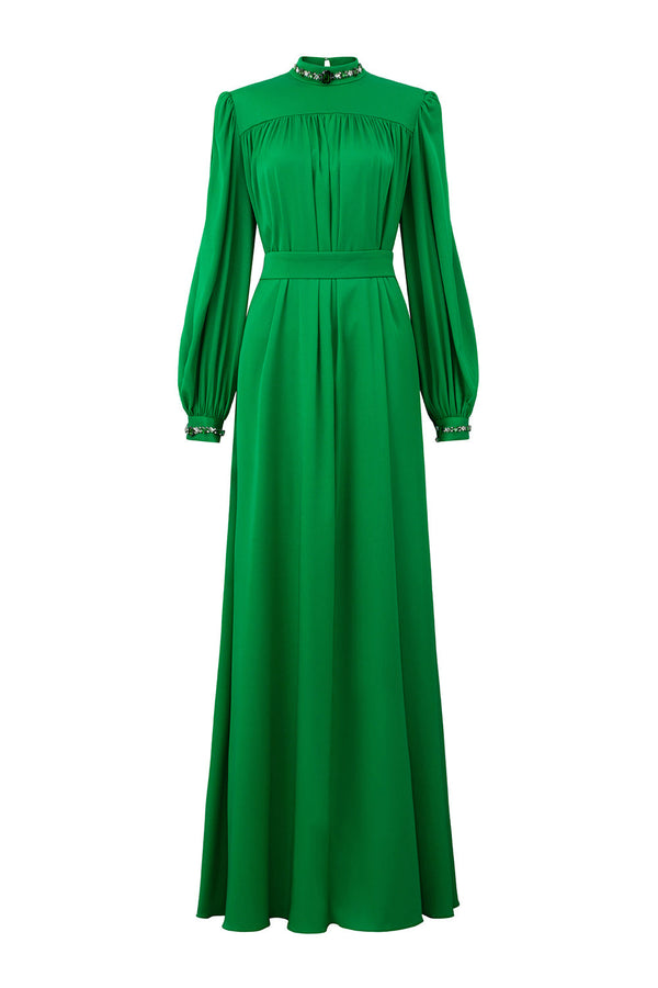 Yareli Flared Gathered Silk Floor Length Dress Green Gown Dress I.H.F Atelier