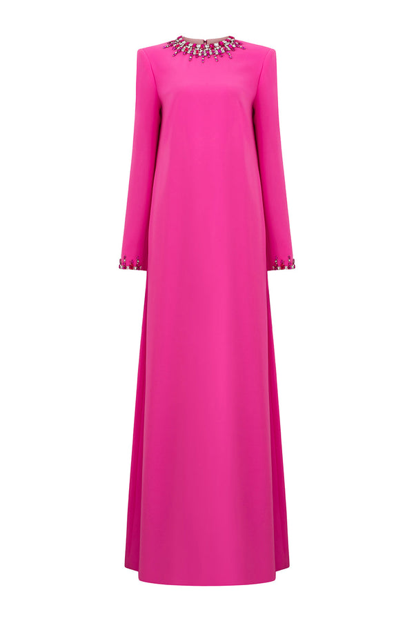 Salma Straight Stone Crepe Floor Length Dress Hot Pink Gown Dress I.H.F Atelier