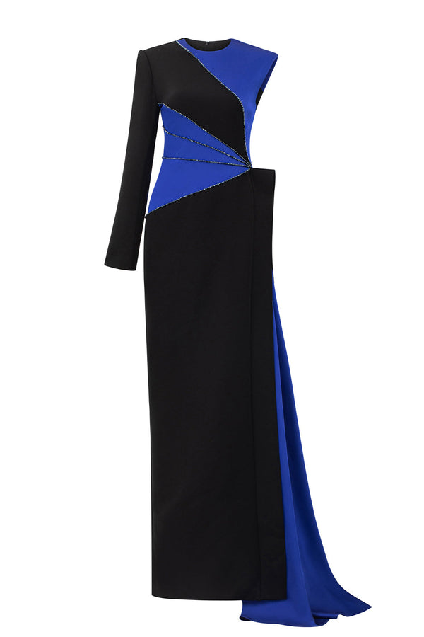 Bailey Asymmetric Extended Flap Silk Crepe Floor Length Dress Black Blue Gown Dress I.H.F Atelier