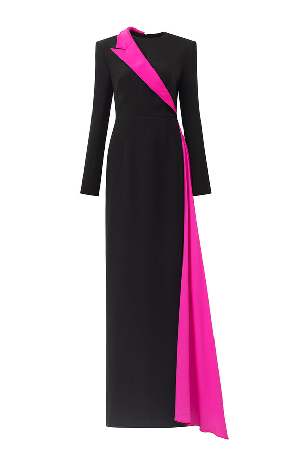 Jazmine Sheath Extended Flap Silk Crepe Floor Length Dress Fuchsia Black Gown Dress I.H.F Atelier