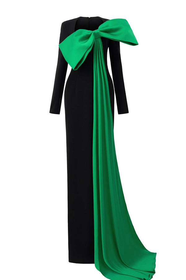 Khloe Sheath Bow Silk Crepe Floor Length Dress Black Green Gown Dress I.H.F Atelier