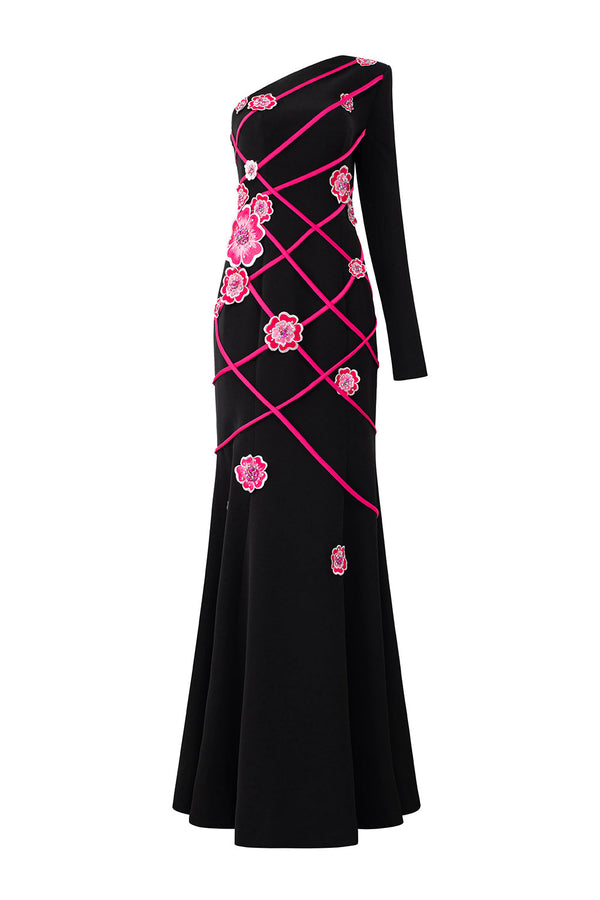 Lyanna Mermaid Asymmetric Sleeved Silk Crepe Floor Length Dress Fuchsia Black Gown Dress I.H.F Atelier