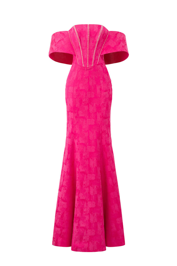 Shiloh Trumpet Corset Brocade Floor Length Dress Fuchsia Gown Dress I.H.F Atelier