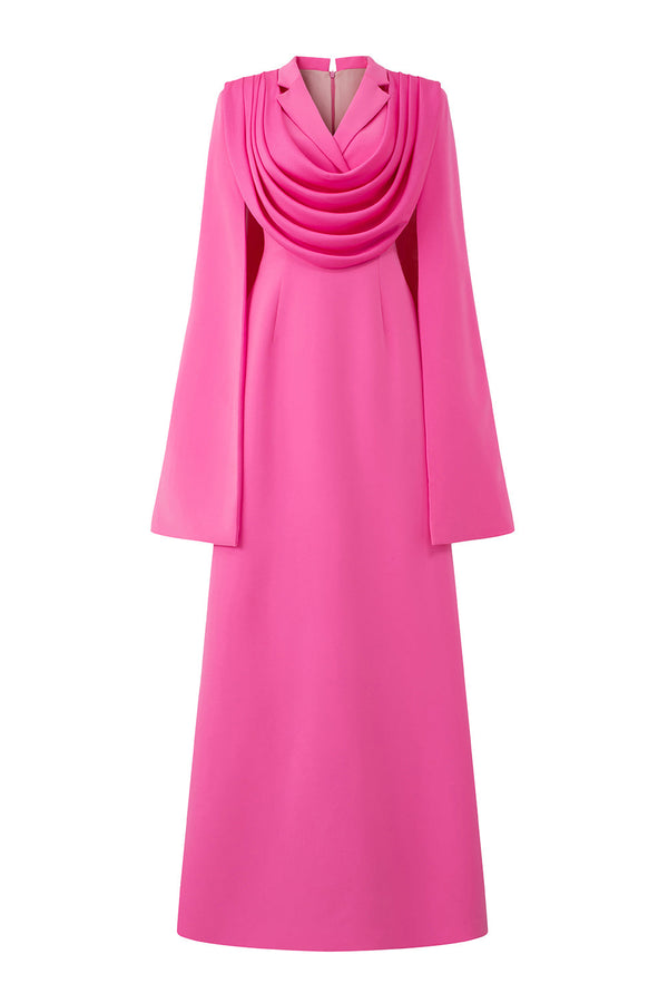 Margaret A-line Notch Lapel Silk Crepe Floor Length Dress Hot Pink Gown Dress I.H.F Atelier