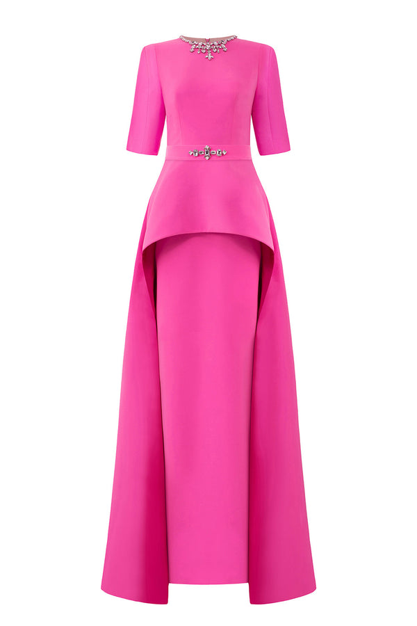 Soraya Peplum Middle Sleeved Crepe Floor Length Dress Hot Pink Gown Dress I.H.F Atelier
