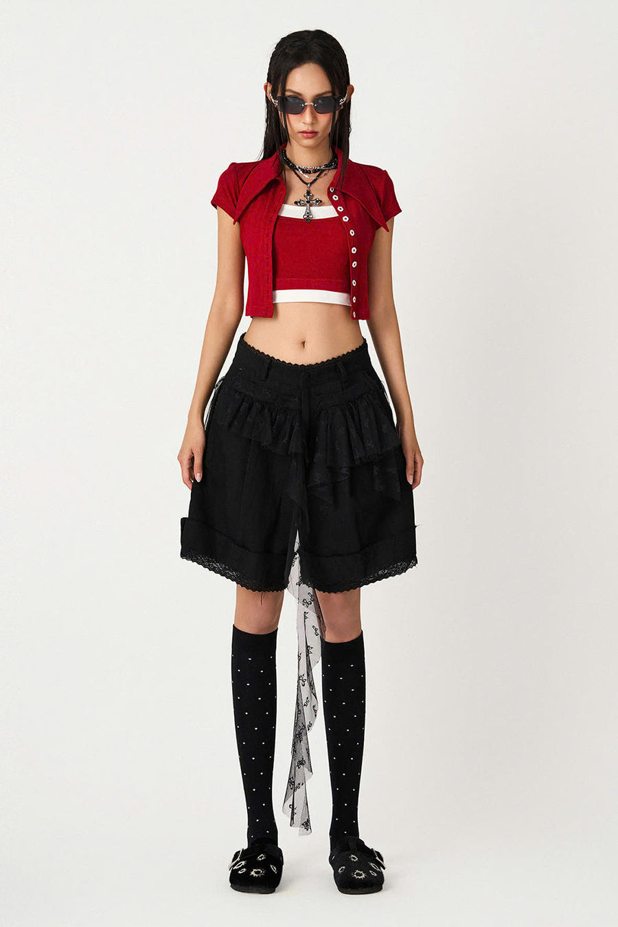 Yumi A-line Ruffled Jean Knee-length Shorts 1