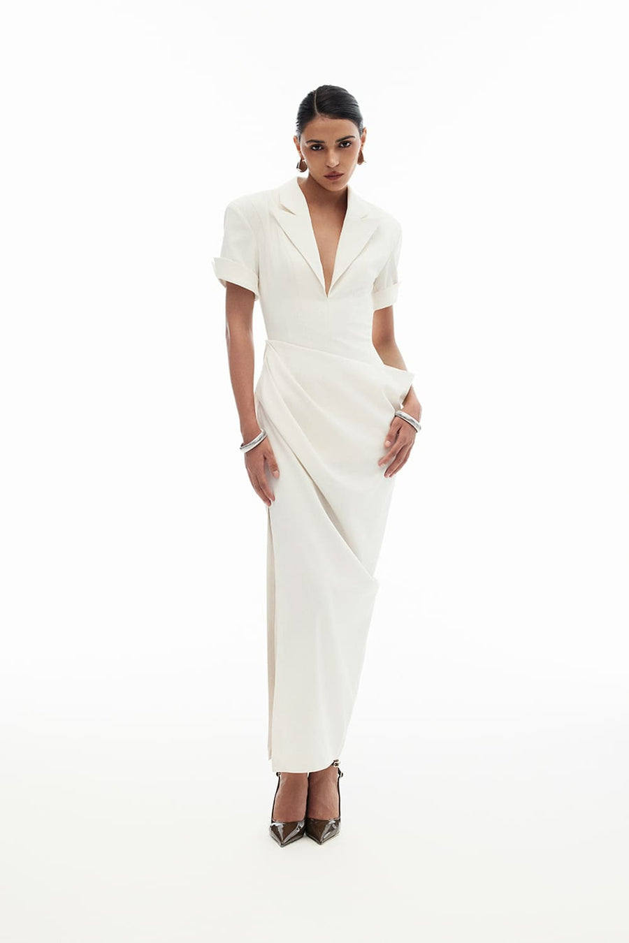 Alba Sheath Plunge Neck Silk Blend Ankle Length Dress 6