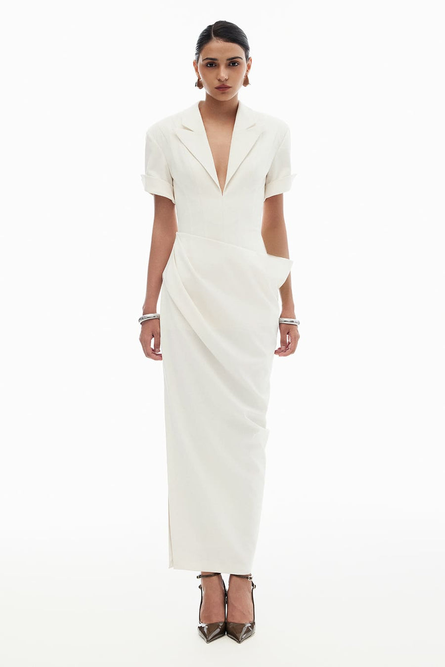 Alba Sheath Plunge Neck Silk Blend Ankle Length Dress 1