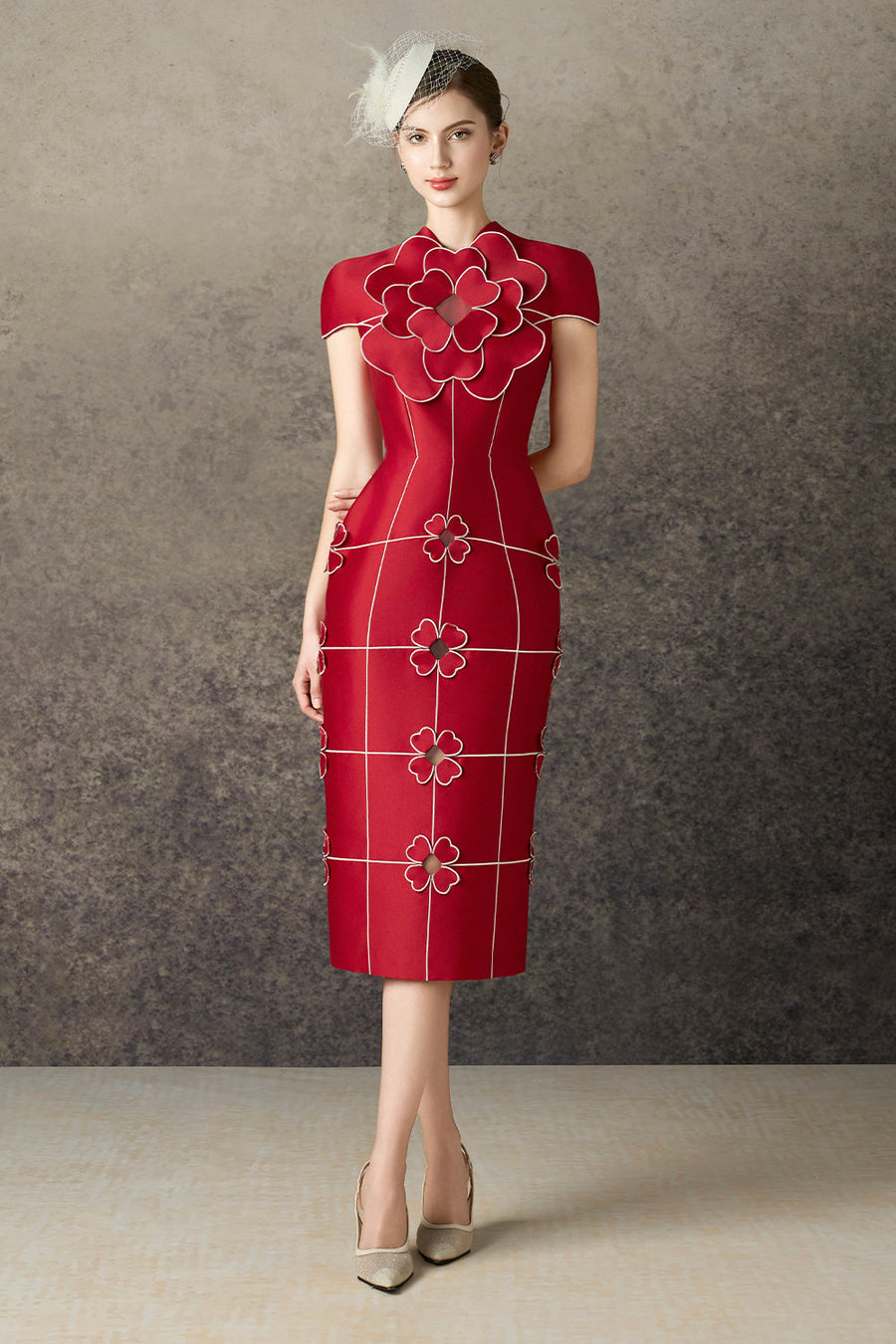 Solenya Pencil Flower Applique Taffeta Midi Dress 5