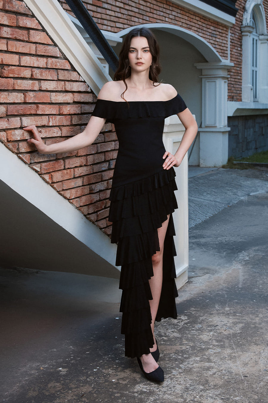 Queen Asymmetric Ruffle Layer Cotton Spandex Maxi Dress 7