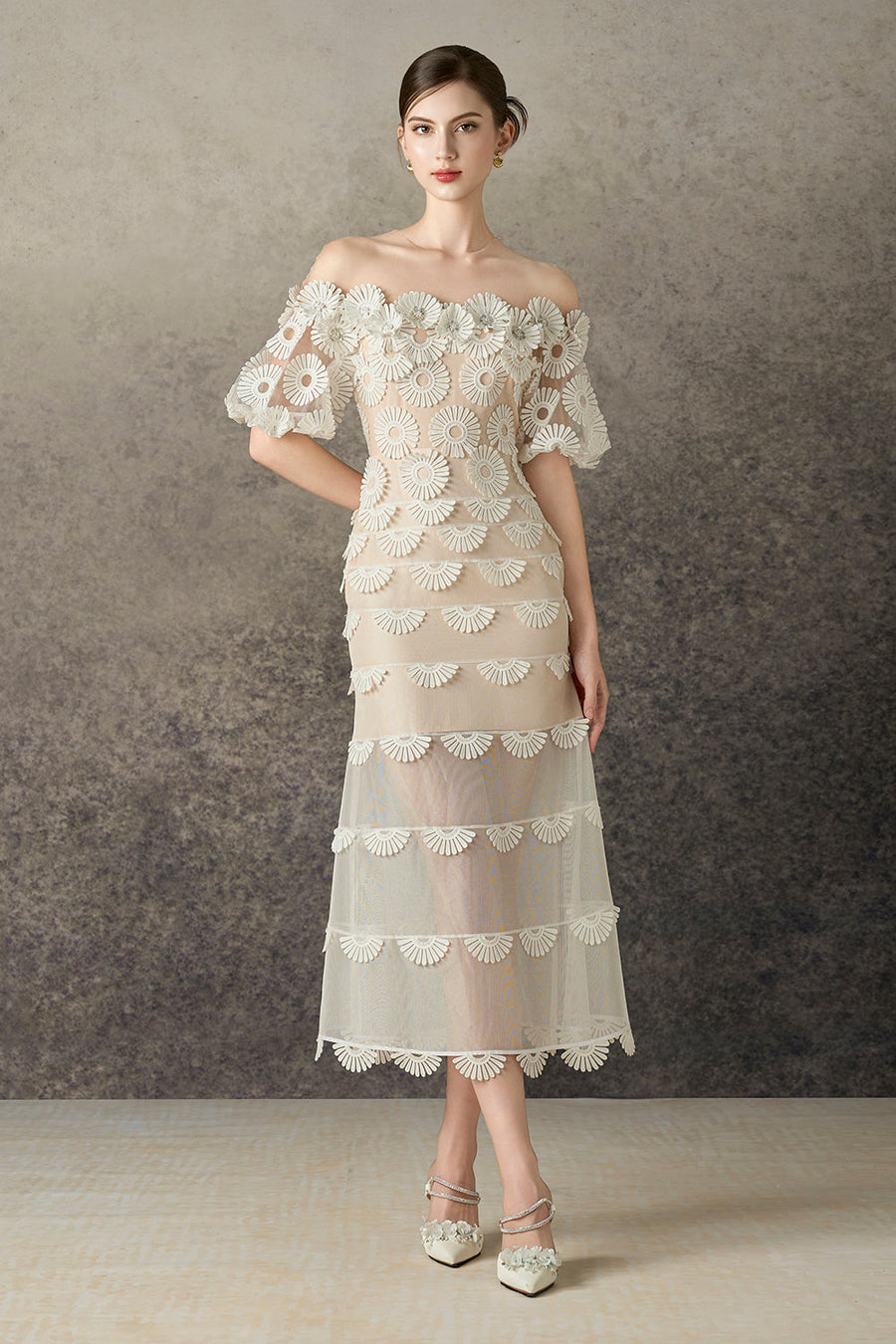 Zephine Mermaid Illusion Neck Mesh Lace Calf Length Dress 5