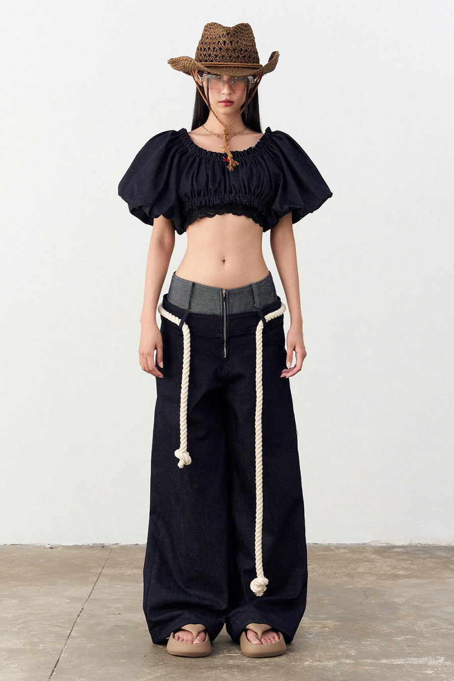 Senna Drop Waist Front Zipper Denim Floor Length Pants 6