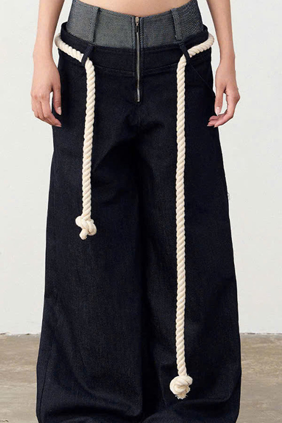 Senna Drop Waist Front Zipper Denim Floor Length Pants 2