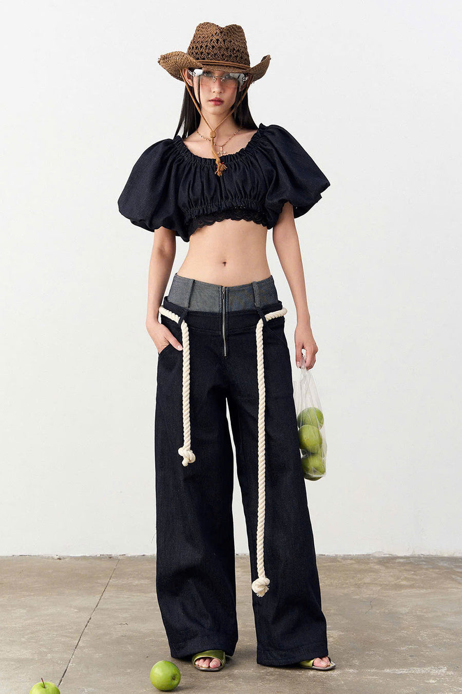 Senna Drop Waist Front Zipper Denim Floor Length Pants 1