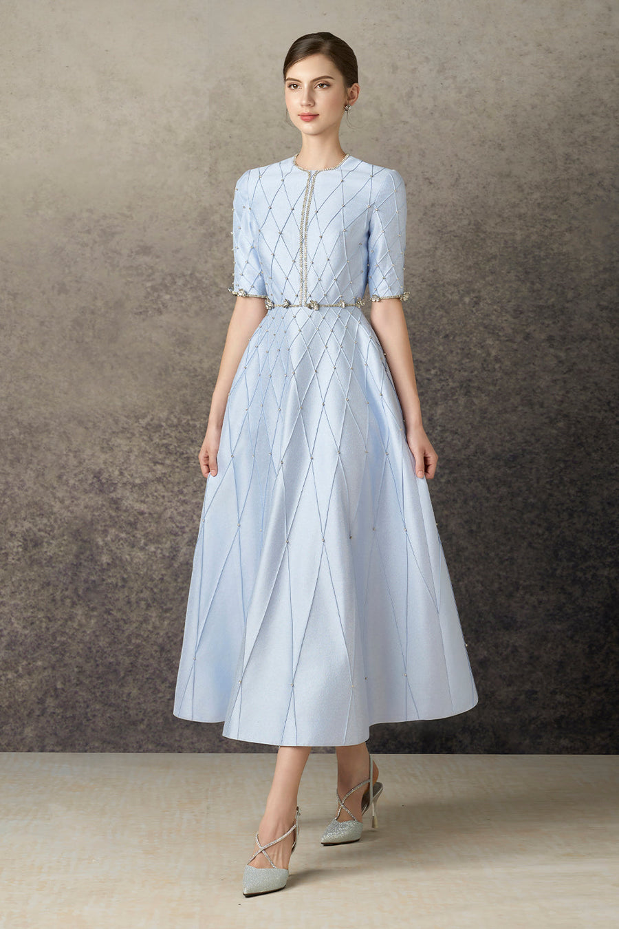 Thalyn A-line Round Neck Taffeta Calf Length Dress 5
