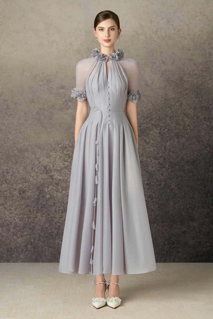 Faylen A-line Waist Pleated Silk Blend Calf Length Dress 7