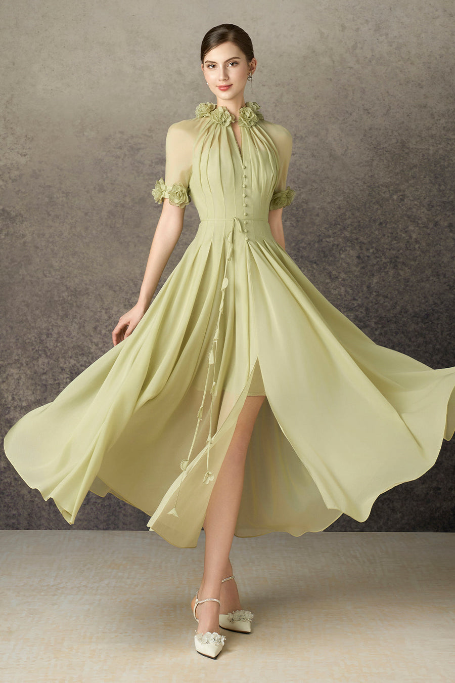 Virelle A-line Waist Pleated Silk Blend Ankle Length Dress 4