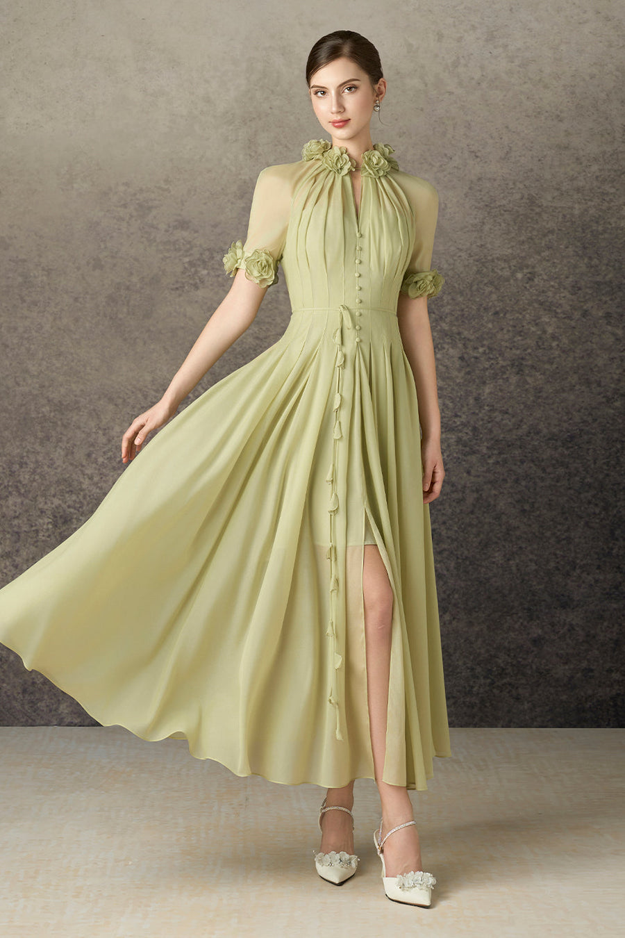 Virelle A-line Waist Pleated Silk Blend Ankle Length Dress 5