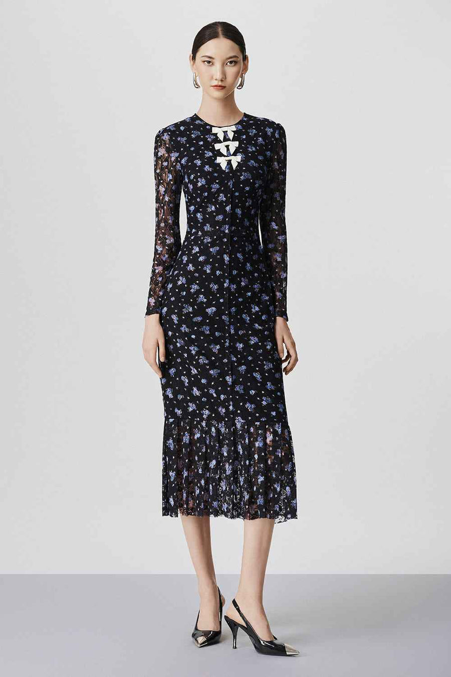 Theodora Drop Waist Round Neck Lace Calf Length Dress