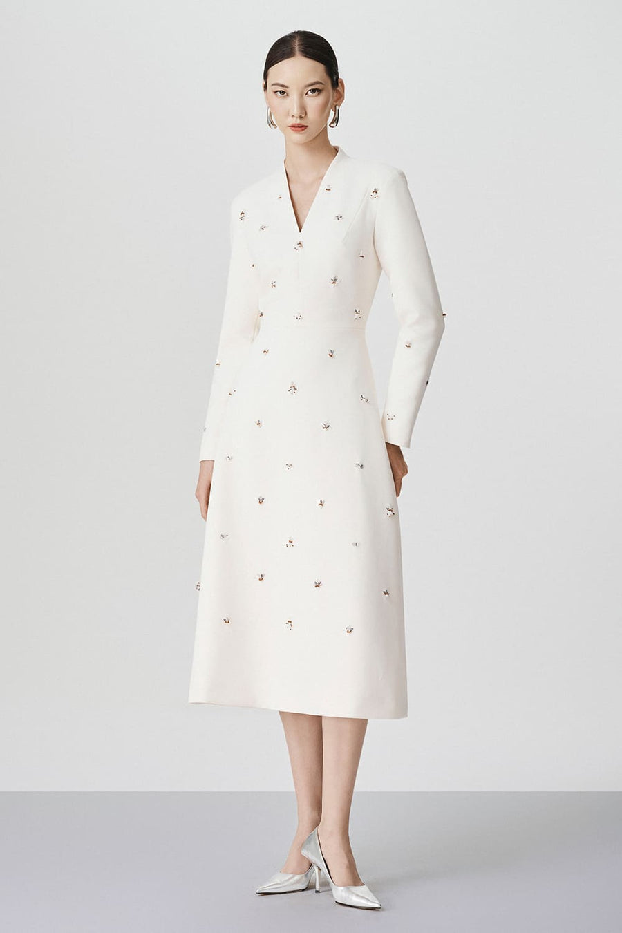 Estrella A-line V-Neck Wool Calf Length Dress 1